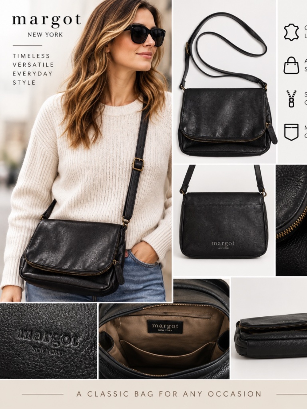 Margot New York Black Leather Crossbody Bag Adjustable Strap Flap Purse
